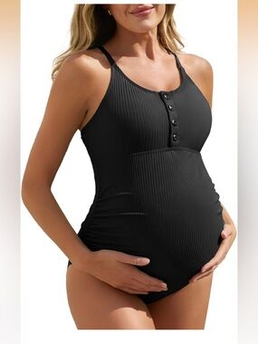Summer Mae Maternity Swimsuit One Piece Bathing Suit Button Neck Cross Back